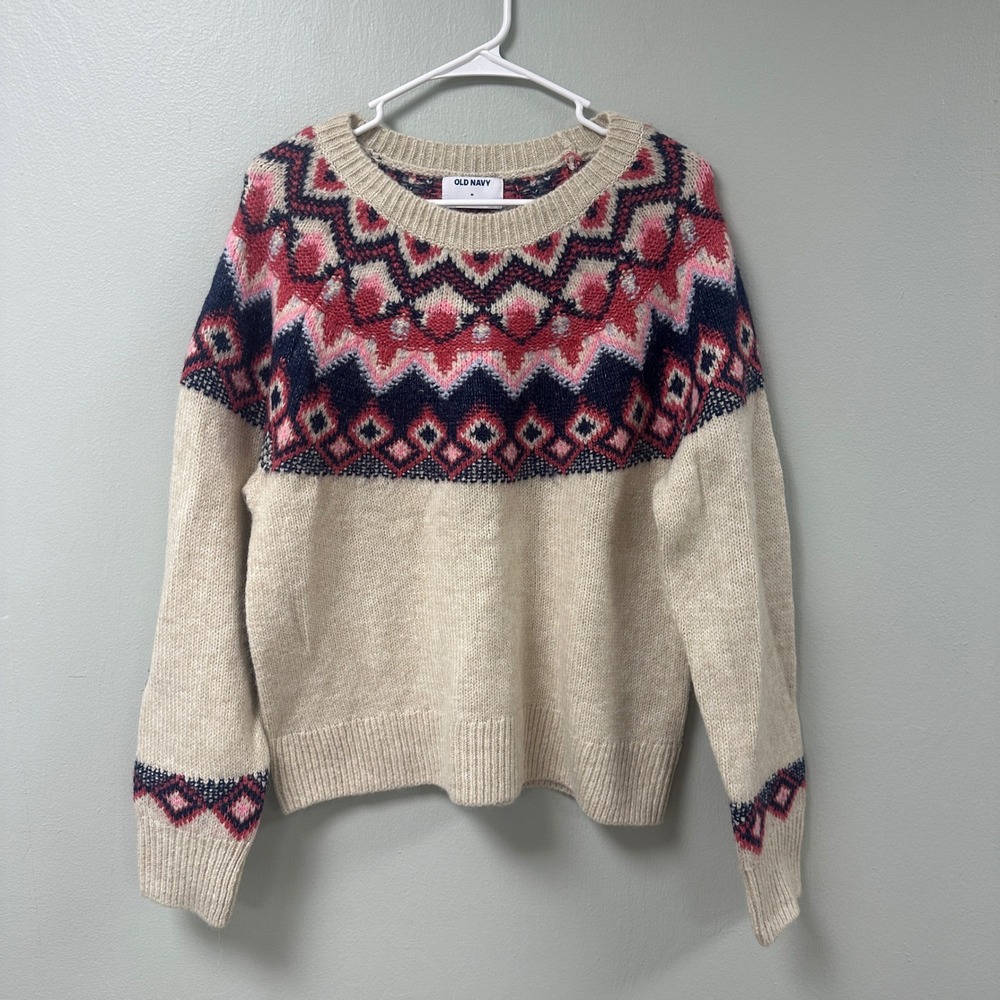 Old Navy Womens Fair Isle Crew Neck Sweater Pink Navy Beige